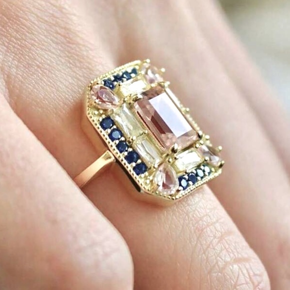 SALE 18k Stamped Gold Filled Blue Topaz and Pink Morganite Crystal Ring (Size 5) - Picture 2 of 6